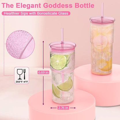 Luiaiog 20oz Glass Cups with Lids and Straws - Set of 4 Reusable Tumblers, Thickened Shatter-Resistant Glass, Ideal for Iced Coffee, Smoothies, Cocktails, Juices - Elegant & Durable Drinkware (Pink) - Image 4