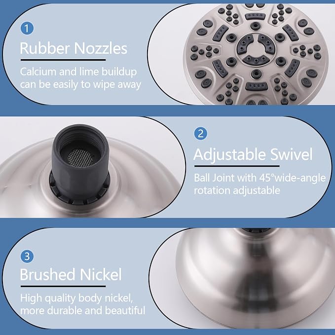 2 Handle Shower Faucet,Wall Mounted Two Handles Shower Faucet Set with 8 Modes Rainfall Shower Head,2 Knobs Single Function Shower Trim Kit with Rough-in Valve,Brushed Nickel - Image 6