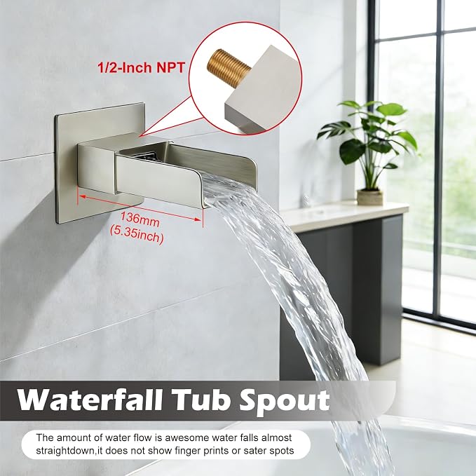 Midanya Rain Shower System Tub Shower Faucet Set Square Rainfall Waterfall Shower Head with Handheld Sprayer Tub Spout Combo Wall Mounted bathtub faucet set Rough-in Valve, 12 Inch Brushed Nickel - Image 3