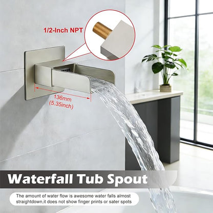 Midanya Rain Shower System Tub Shower Faucet Set Square Rainfall Waterfall Shower Head with Handheld Sprayer Tub Spout Combo Wall Mounted bathtub faucet set Rough-in Valve, 12 Inch Brushed Nickel - Image 3
