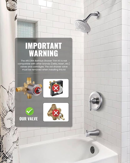 Shower Faucet Set Brushed Nickel: ARCORA Bathtub Faucet Set with 6-Inch Rain Showerhead and Tub Spout, Single-Handle Tub and Shower Trim Kit (Valve Included) - Image 6