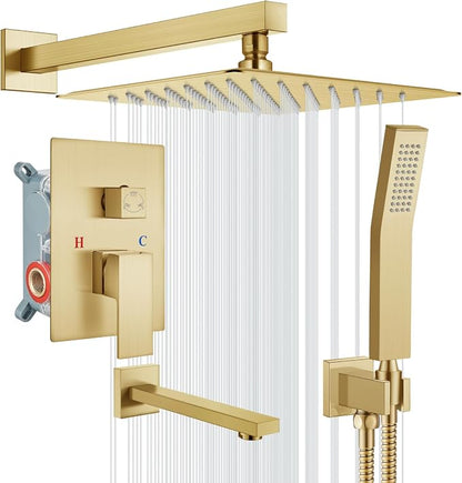 gotonovo Shower System with Tub Spout Wall Mounted Rain Shower Head and Handle Combo Shower Faucet Set with Valve, 12 Inch, Brushed Gold by HOME