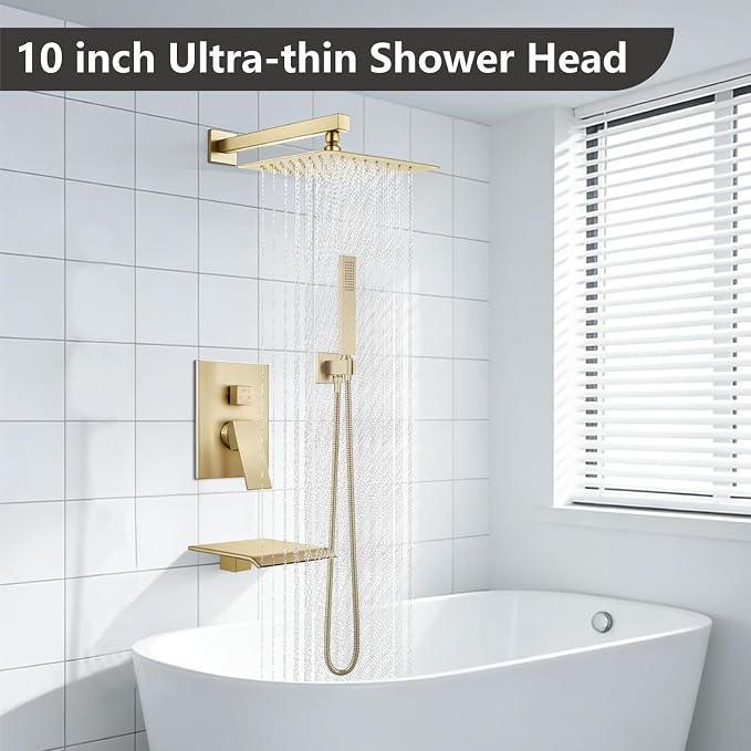 Midanya Shower System with Tub Spout,Bathtub Shower Faucet Set with Square Rainfall Head and Handheld Sprayer Wall Mount Tub Faucet Set with Valve and Trim Kit,10 Inch Brushed Gold - Image 2