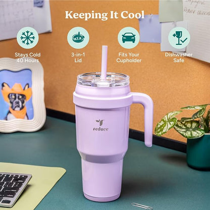 REDUCE Cold1 40 oz Tumbler with Handle - Vacuum Insulated Stainless Steel Water Bottle for Home, Office or Car, Reusable Mug with Straw or Leakproof Flip Lid, Keeps Drinks Cold All Day- Oahu Blue - Image 3