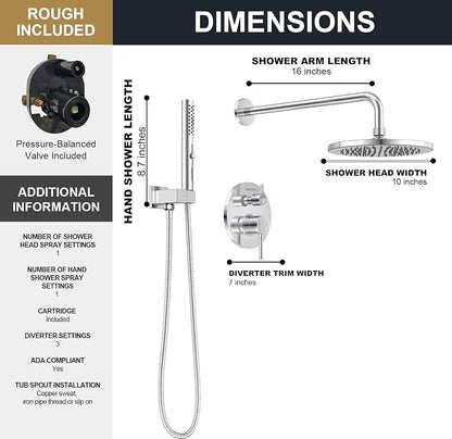 Lava Odoro Modern 2-Setting Round Rain Shower System with Handheld Spray, Chrome Rainfall Shower Faucet Set Rain Shower Head and Handle Set, Shower Valve Trim Kit,10 Inch, Chrome, SF104-C - Image 7