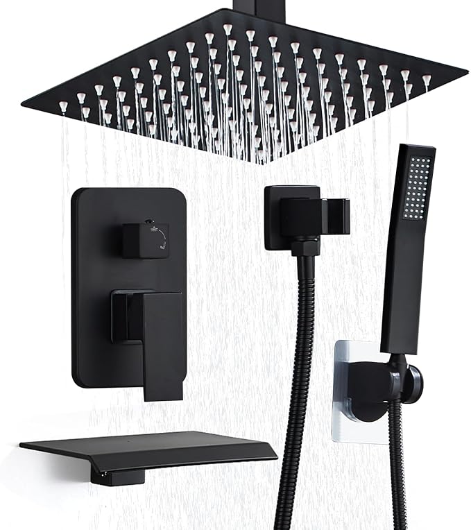 10 Inch Shower Faucet Set, Ceiling Mounted Rainfall Shower System with High Pressure Handheld Shower Head, Bathroom Mixer Shower Set Rough-in Valve and Trim Kit, Matte Black, with Tub Spout by RTOBWEYE