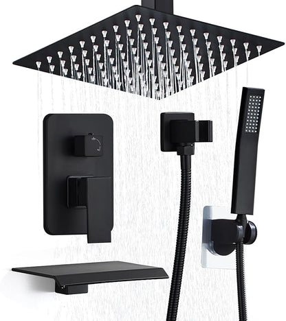 10 Inch Shower Faucet Set, Ceiling Mounted Rainfall Shower System with High Pressure Handheld Shower Head, Bathroom Mixer Shower Set Rough-in Valve and Trim Kit, Matte Black, with Tub Spout by RTOBWEYE