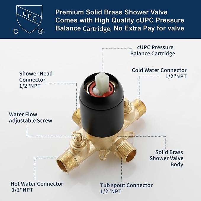 Shower Valve Trim Kit with Tub Spout Matte Black Tub Shower Rough-In Mixer Valve Bathroom Trim Kit - Image 4