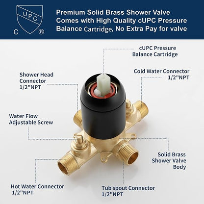 Shower Valve Trim Kit with Tub Spout Matte Black Tub Shower Rough-In Mixer Valve Bathroom Trim Kit - Image 4