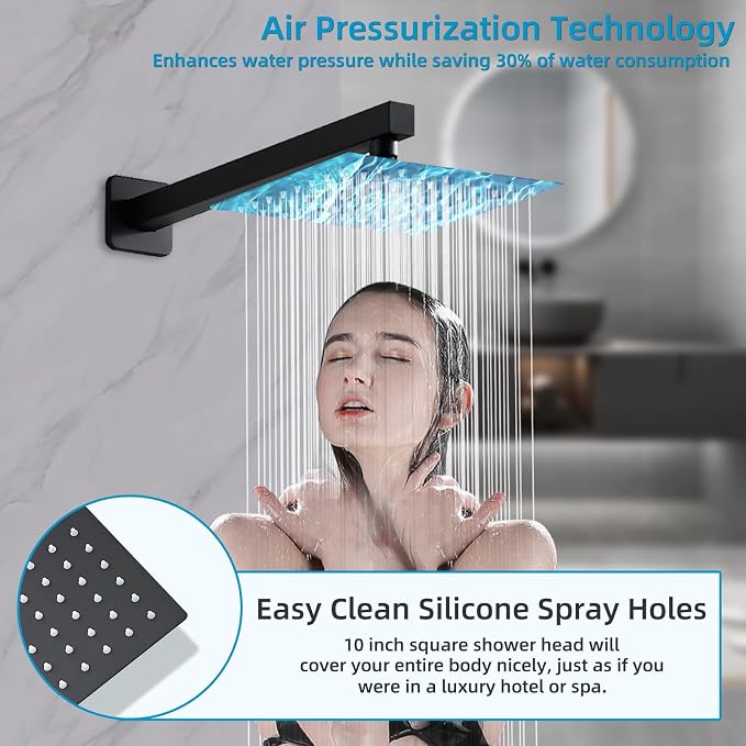 Matte Black Shower Faucet Set with Tub Spout 10 Inch, Shower Head and Handle with 2 Hooks, Tub and Shower Faucet Combo, Rain Shower and Handheld Shower System Square Wall Mount for Bathroom - Image 8