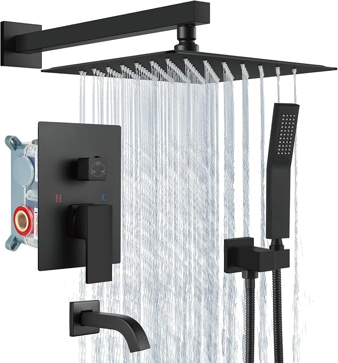 Aolemi Rainfall Shower System Shower Head Combo Set with Tub Filler Handheld Shower Luxury Rough-in Valve Included Wall Mount Bathroom Shower Mixer Faucet 10 Inch Shower Head Matte Black by Aolemi