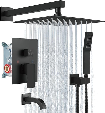 Aolemi Rainfall Shower System Shower Head Combo Set with Tub Filler Handheld Shower Luxury Rough-in Valve Included Wall Mount Bathroom Shower Mixer Faucet 10 Inch Shower Head Matte Black by Aolemi