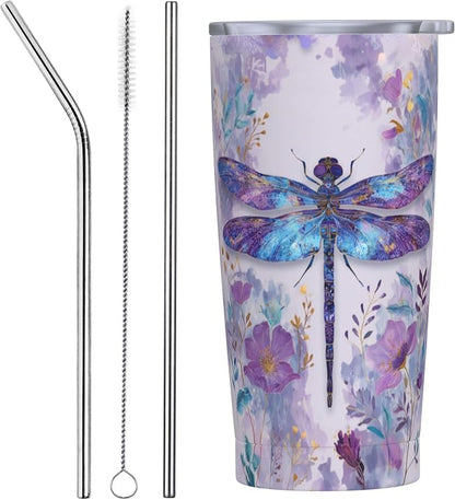 Dragonfly Tumbler with Lid and Straw 20oz Vacuum Insulated Coffee Cup Stainless Steel Tumblers Leakproof Travel Mug Present for Women Men by Yrebyou