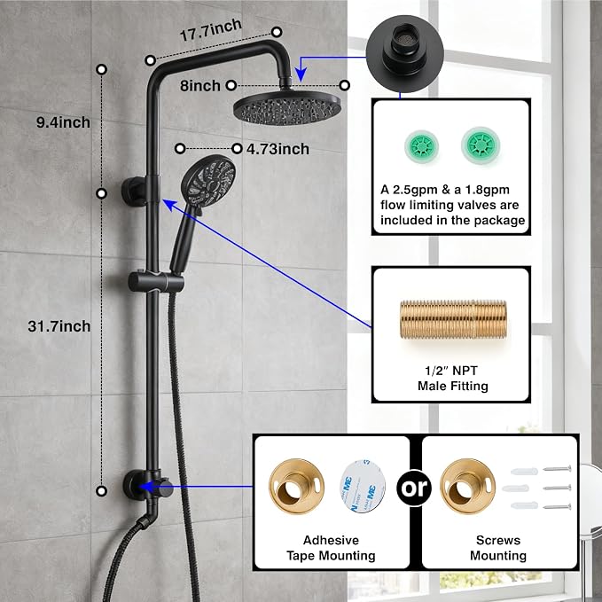 Midanya Retrofit Rain Shower System Wall Mount 8 Inch Rainfall Shower Head with 5-setting Handheld Spray Combo with Slide Bar,Matte Black - Image 3