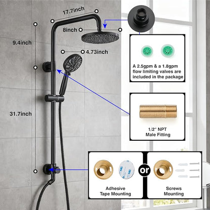 Midanya Retrofit Rain Shower System Wall Mount 8 Inch Rainfall Shower Head with 5-setting Handheld Spray Combo with Slide Bar,Matte Black - Image 3