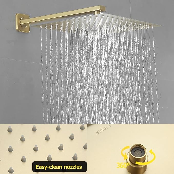 Brushed Gold Rain Shower System Tub Shower Faucet Set 12 Inch Square Rainfall Shower Head with Handheld Sprayer and Tub Spout Rough-in Valve Shower Mixer Combo Kit - Image 3