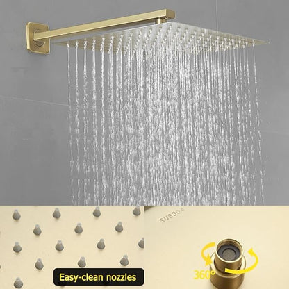 Brushed Gold Rain Shower System Tub Shower Faucet Set 12 Inch Square Rainfall Shower Head with Handheld Sprayer and Tub Spout Rough-in Valve Shower Mixer Combo Kit - Image 3