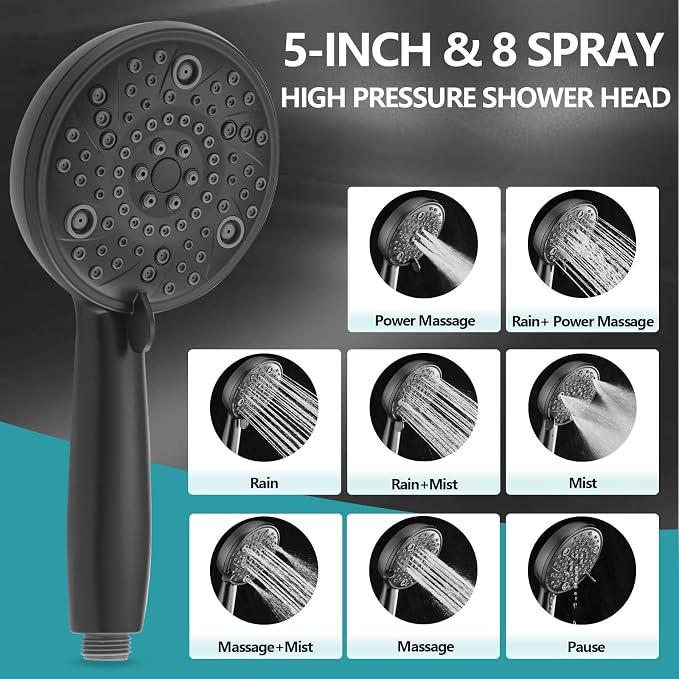 5" Dual Shower Faucet Compatible with Delta 13/14 Series Tub Trim Kit, High Pressure Round Rain Shower Head& Handheld Set Faucet System, Matte Black (Valve& Catridge Not Inclued) - Image 5