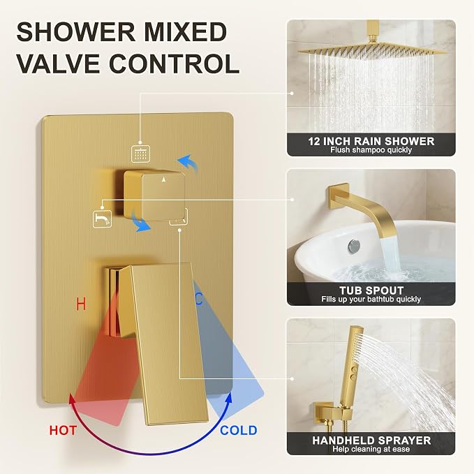 Brushed Gold Shower System with Tub Spout, Ceiling Mounted Bathtub Shower Faucet Set, 12" Rainfall Shower Head and Handheld Shower Combo, High Pressure Shower Fixtures Set with Rough-in Valve - Image 5