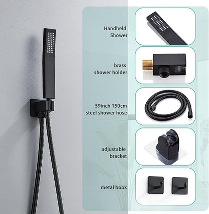 10 Inch Shower Faucet Set, Ceiling Mounted Rainfall Shower System with High Pressure Handheld Shower Head, Bathroom Mixer Shower Set Rough-in Valve and Trim Kit, Matte Black, with Tub Spout - Image 6