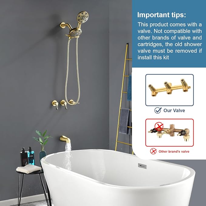 3 Handles Shower Faucet Set with Tub Spout Bathtub Shower Faucet Combo Set Shower System Complete Tub and Shower Trim Kit Brushed Gold Wall Mounted Shower Fixtures - Image 2