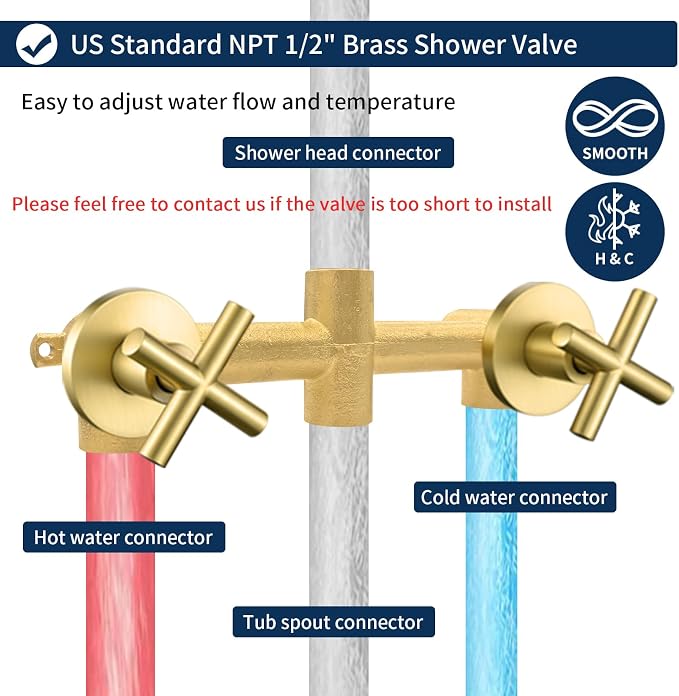 2 Handle Shower Faucet Set with Tub Spout Bathtub Shower Faucet Combo Set Shower System Complete Tub and Shower Trim Kit Brushed Gold Wall Mounted Shower Fixtures - Image 3
