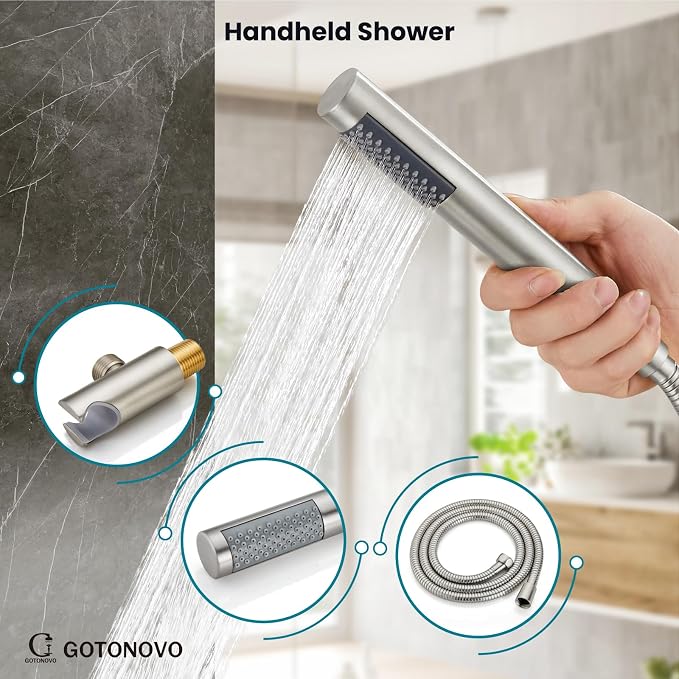 gotonovo Shower System with Tub Spout Wall Mount 3 Function Rough-in Valve Bathtub Shower Faucets Set Complete Rain 10 Inch Round Showerhead Trim Kit Combo, Cylindrical Handheld, Brushed Nickel - Image 6