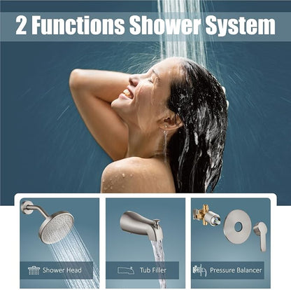 Aolemi Tub Shower Faucet Set With Valve Wall Mount Shower Trim Kit 6 Inch Bathtub Fixtures Rough-in Valve Single-Spray Shower Head System 5.3 Inch Tub Spout Brushed Nickel Modern - Image 3