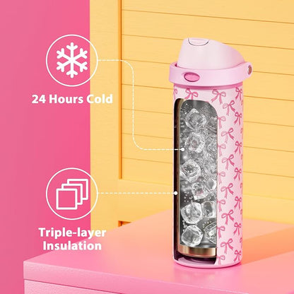 24 oz Insulated Water Bottle for Women: Meoky Stainless Steel Metal Water Bottle with 2-in-1 Straw and Spout Lid - Leak Proof, Cold for 24 Hours, Protective Silicone Base, BPA-Free for School, Bow - Image 3