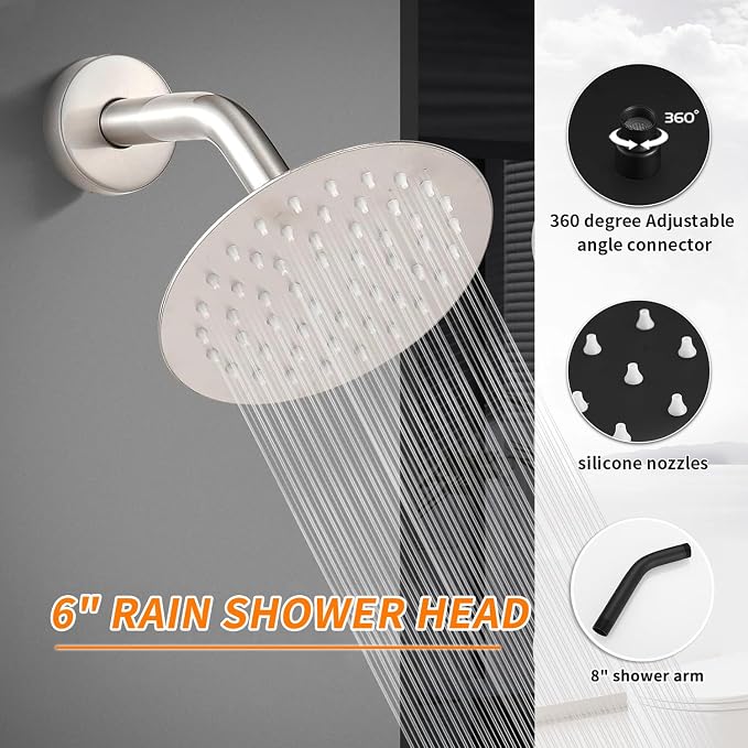 Brushed Nickel Tub Shower Faucet Set Complete with 6-Inch Rainfall Shower Head and Tub Spout Included Shower Valve Tub Shower Trim Kit Round - Image 4