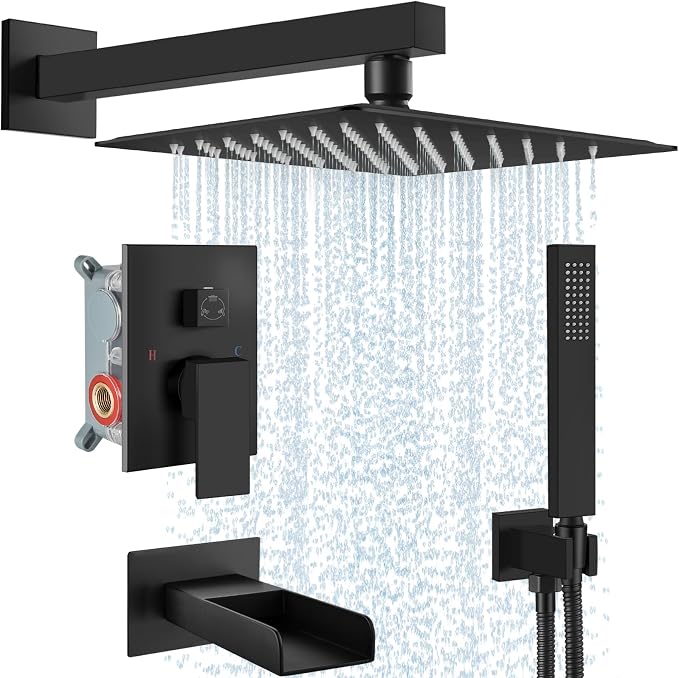 Midanya Rain Shower System Tub Shower Faucet Set Square Rainfall Waterfall Shower Head with Handheld Sprayer Tub Spout Combo Wall Mounted bathtub faucet set Rough-in Valve, 12 Inch Matte Black by Midanya