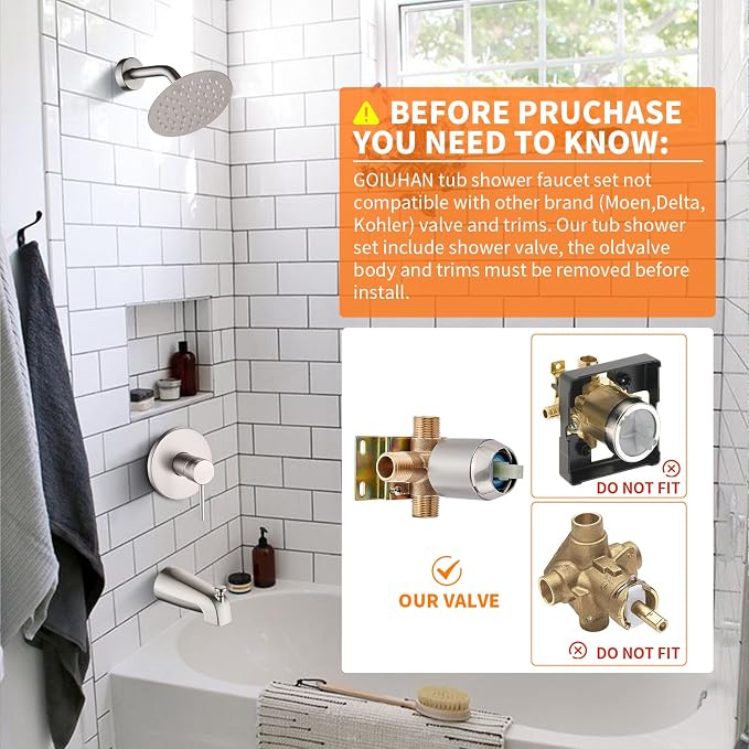 Brushed Nickel Tub Shower Faucet Set Complete with 6-Inch Rainfall Shower Head and Tub Spout Included Shower Valve Tub Shower Trim Kit Round - Image 2