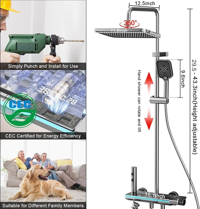 Shower Faucet Sets Complete Thermostatic Shower System Piano-Key Digital Shower Combo Wall Mounted Shower Trim Kit with 11.8" Rain Shower Head,4.5" Shower Head 2 in 1 Handheld Tub Spout (Gray) - Image 3