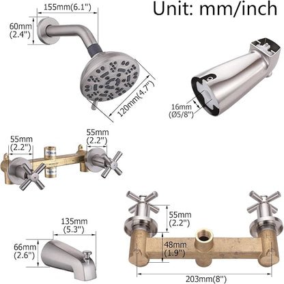 2 Handles Shower Faucet Set with Tub Spout Bathtub Shower Faucet Combo Set Shower System Complete Tub and Shower Trim Kit Wall Mounted Shower Fixtures Brushed Nickel - Image 2