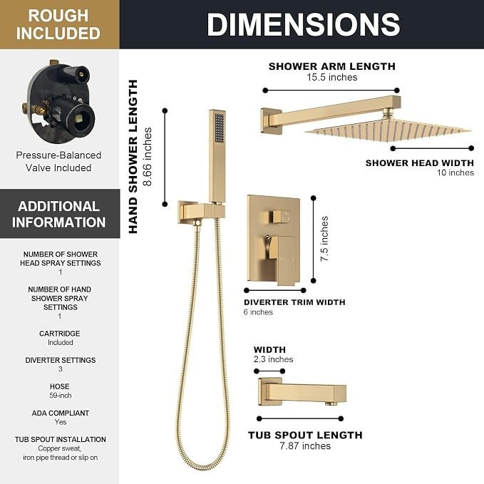Lava Odoro Modern 3-Setting Square Shower and Tub Faucet Set with Shower Head and Handheld Sprayer Gold, Rainfall Shower System with Tub Spout, Shower Valve Trim Kit, Champagne Gold, SF103-SG-T - Image 6