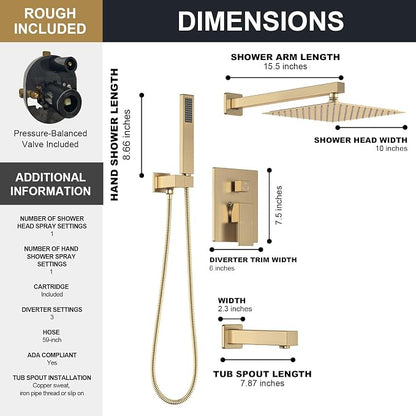 Lava Odoro Modern 3-Setting Square Shower and Tub Faucet Set with Shower Head and Handheld Sprayer Gold, Rainfall Shower System with Tub Spout, Shower Valve Trim Kit, Champagne Gold, SF103-SG-T - Image 6