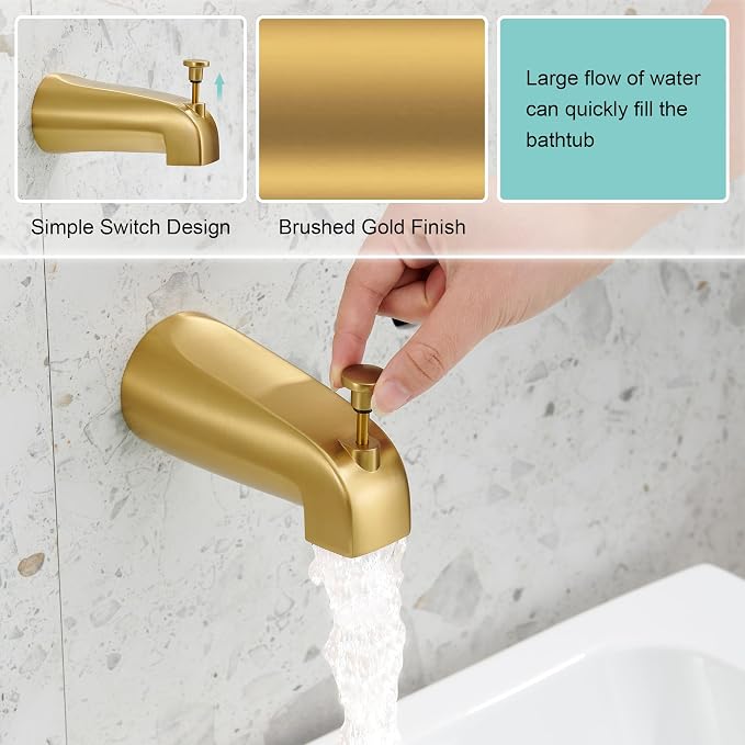 Brushed Gold Shower Tub Faucet Set With Valve - Gold Shower Head and Handle Set, Shower Faucet Set With 6 Inch Rain shower Head and Tub Spout, High-Pressure Tub Shower Trim Kit - Image 4