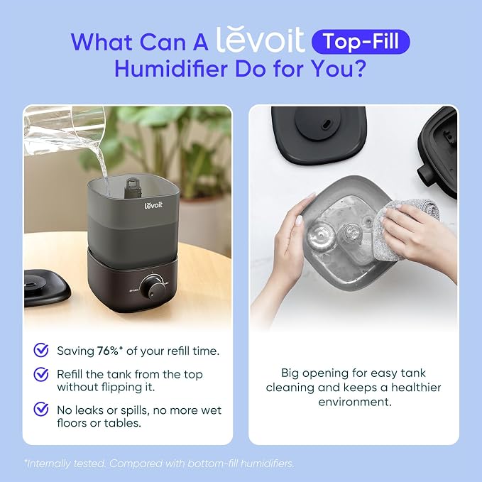LEVOIT Classic 160 Top-Fill Ultrasonic Cool Mist Humidifier, Super Easy to Fill and Clean, Quiet Operation for Bedroom Home Baby & Plants, Auto Shut-off for Safety, 360° Rotating Nozzle, 2.5L, Black - Image 3