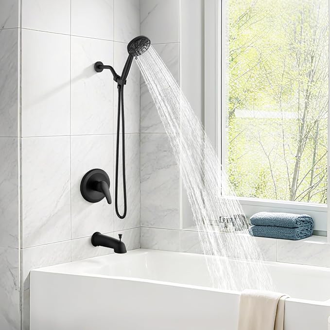 gotonovo Bathroom Shower Head Kit High Pressure Combo System Shower Faucet 6 Modes ABS Handheld Spray Shower Trim Kit Valve Included Shower Head and Handle Set Matte Black - Image 6