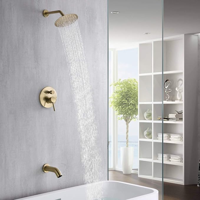 sumerain Pressure Balance Shower and Tub Faucet Set Brushed Gold with Tub Spout, 8" Shower Head, High Flow - Image 4