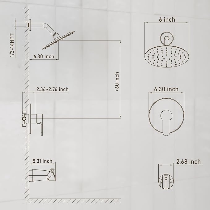 Tub Shower Faucet, Brushed Gold Shower Faucet Set with 6-Inch All-Metal Rainfall Showerhead and Bathtub Spout, Single-Handle Tub Shower-Trim Kit Included Valve, Brushed Gold - Image 9