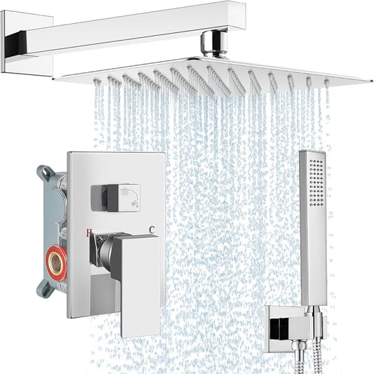 Midanya Shower Faucet Set,Wall Mount Shower System with Square Rain Shower Head and Hand Sprayer, Rough-in Valve Body and Trim Kit Included,12 Inch,Polish Chrome by Midanya