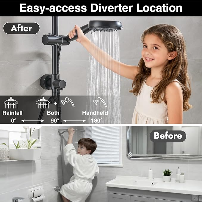 Midanya Retrofit Rain Shower System Wall Mount 8 Inch Rainfall Shower Head with 5-setting Handheld Spray Combo with Slide Bar,Matte Black - Image 4