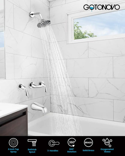 gotonovo 3 Handle Tub Shower Faucet Set, Bathtub Shower Fixture,Bathroom Tub and Shower Faucet Combo Shower System Complete Tub and Shower Trim Kit with 6 Settings Showerhead Polished Chrome - Image 9