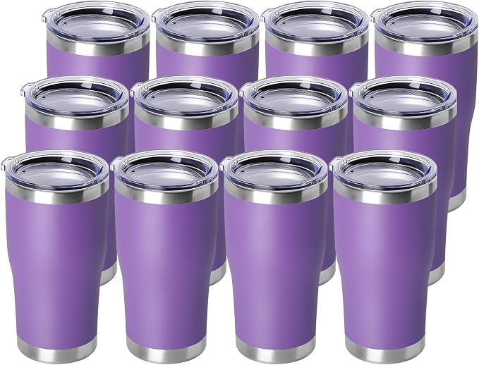 DOMICARE 20oz Tumbler with Lid Stainless Steel Tumblers Bulk, Double Wall Vacuum Insulated Coffee Travel Mug Powder Coated Tumbler, 12 Count (Pack of 1) Purple by VisittheDOMICARE