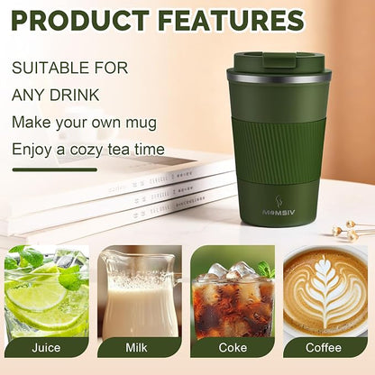 MOMSIV 12oz Travel Mug, Insulated Coffee Cup with Leakproof Lid, Vacuum Stainless Steel Double Walled Reusable Tumbler for Hot and Cold Water Coffee and Tea In Travel and Car Armygreen 380ML - Image 4