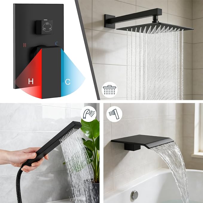 Midanya Shower System with Tub Spout,Bathtub Shower Faucet Set with Square Rainfall Head and Handheld Sprayer Wall Mount Tub Faucet Set with Valve and Trim Kit,12 Inch Matte Black - Image 4