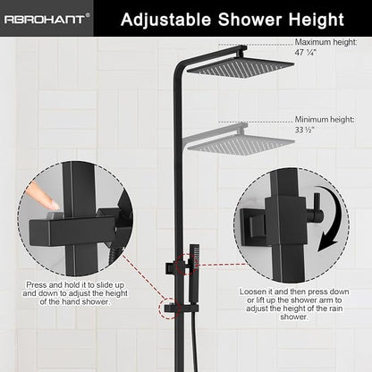 RBROHANT 3 Functions Exposed Shower System, Matte Black Exposed Shower Faucet Set, 10 Inch Rain Shower Head with Handheld and Tub Spout,Shower Height Adjustable, Wall Mounted - Image 3