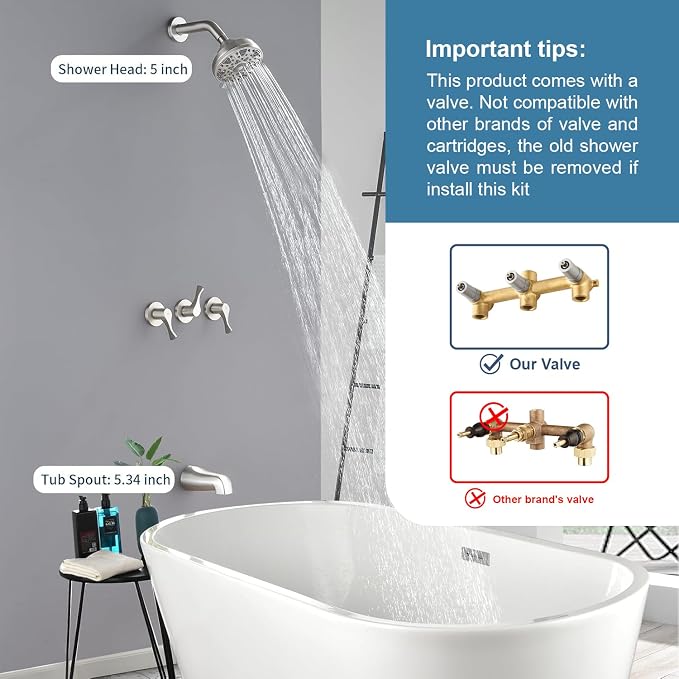 3 Handles Shower Faucet Set with Tub Spout Bathtub Shower Faucets Combo Set Shower System Complete Tub and Shower Trim Kit Brushed Nickel Shower Fixtures Brushed Nickel Shower Set - Image 2