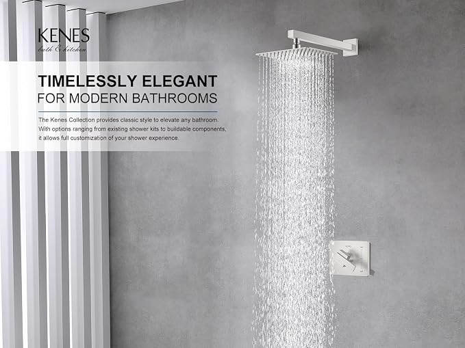 KENES Brushed Nickel 10-Inch Shower Head and Handle Set, Square Shower Faucet Set Bathroom Rainfall Shower System Wall Mount, KE-6024B (Shower Valve Included) - Image 2